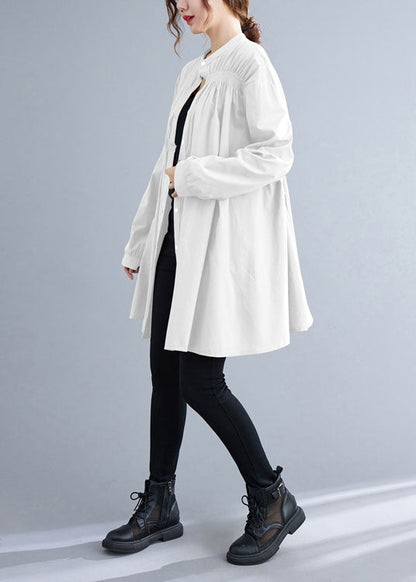 White Stand Collar Button Wrinkled Fall Shirt Top Long Sleeve