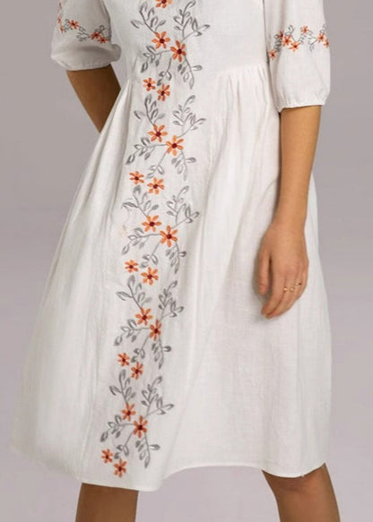 Loose White Embroidered Zippered Cotton Dresses Half Sleeve Summer