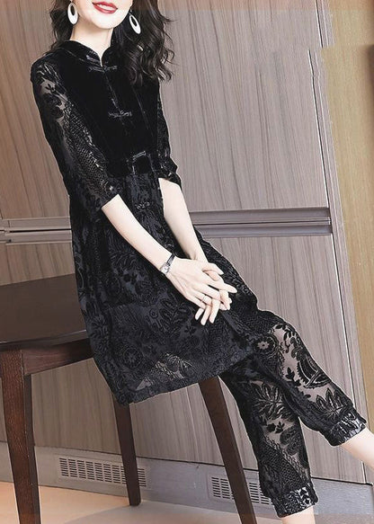 Chinese Style Black Stand Collar Asymmetrical Lace Dress and Crop Pants Two Piece Set Fall