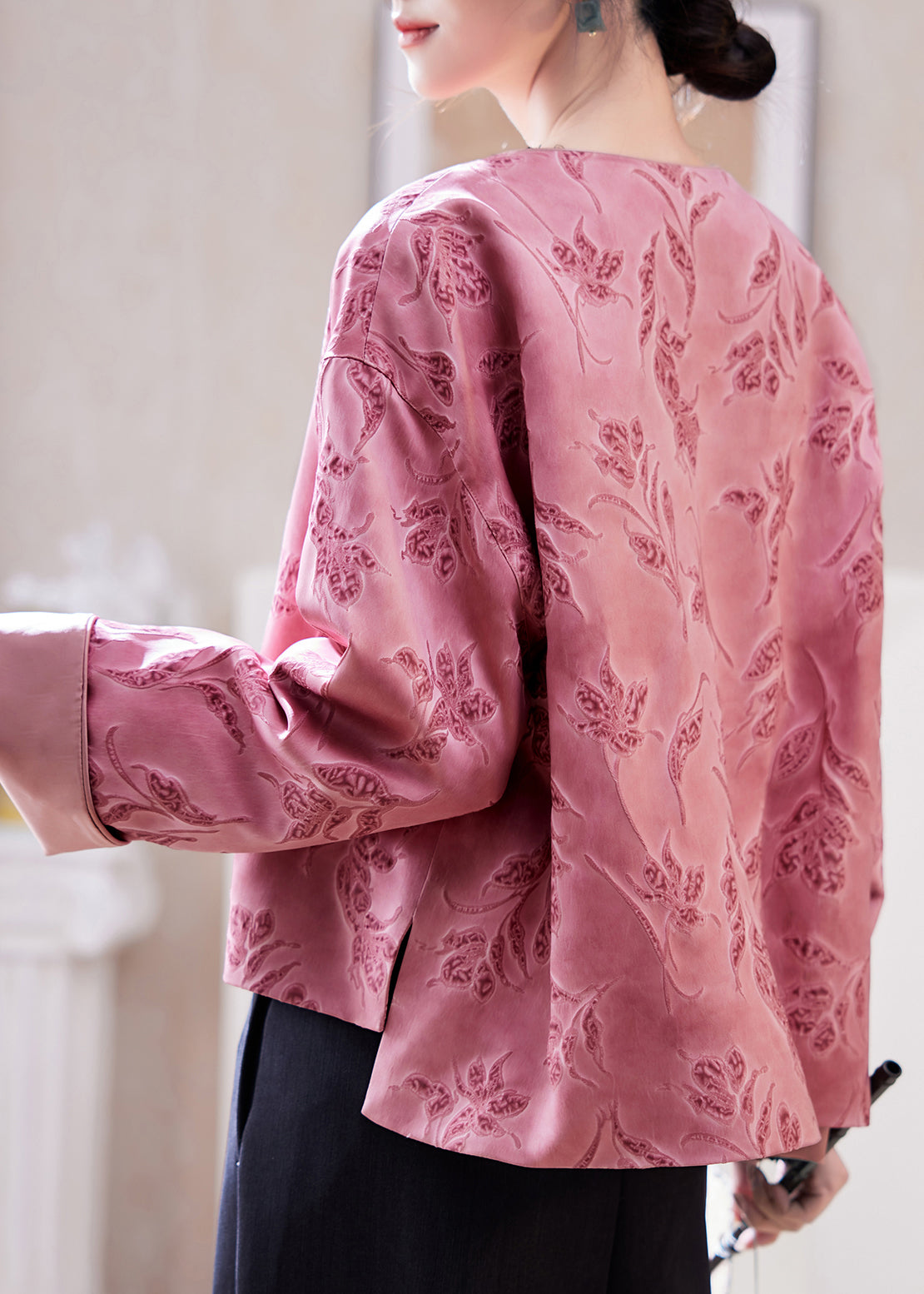 Chinese Style Pink O-neck Print Coats Batwing Sleeve