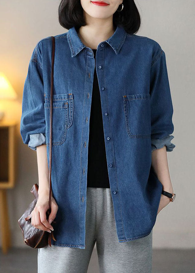 Blue Peter Pan Collar Pockets Cotton Denim Shirts Spring