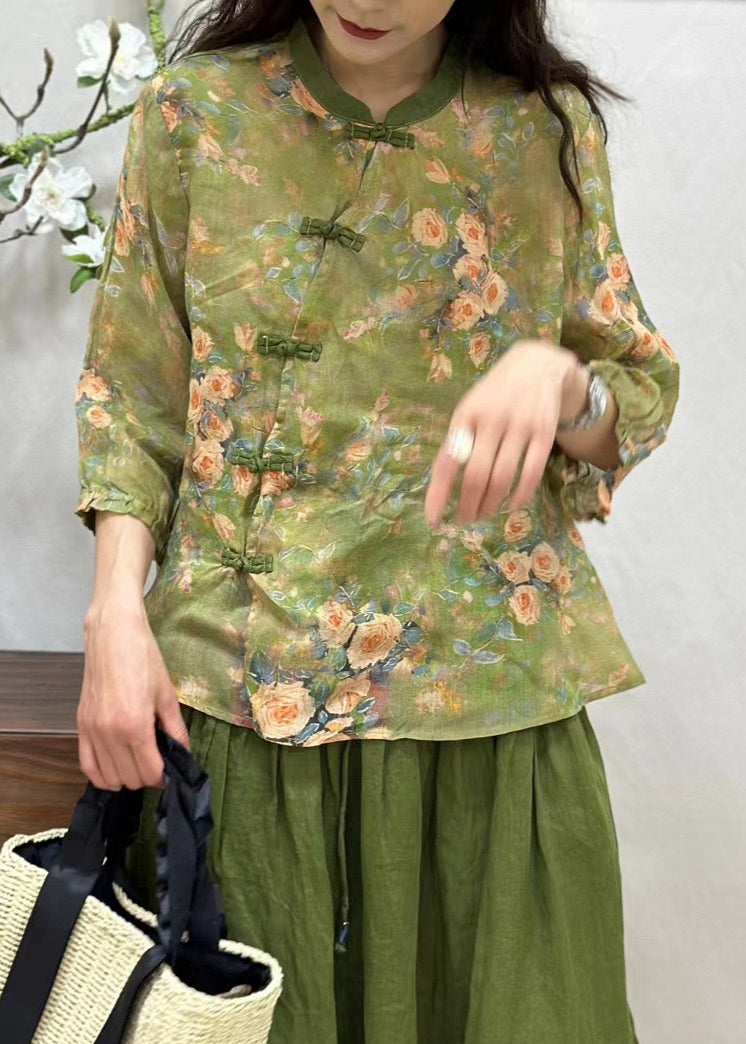 Green Chinese Button Print Linen Shirt Bracelet Sleeve