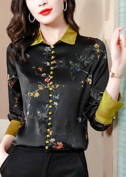 Black Gold Patchwork Peter Pan Collar Print Silk Shirts Long Sleeve