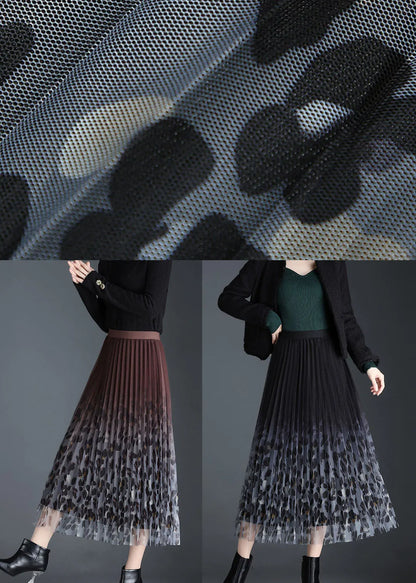 Black Tulle Print Pleated Fall Skirt