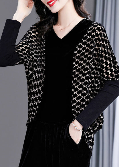 Black V Neck Plaid Patchwork Velour Tops Long Sleeve