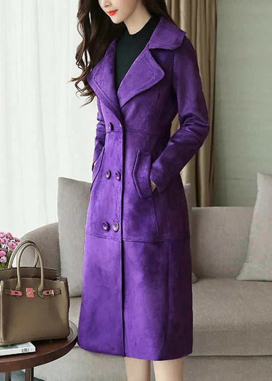 Blackish Green Double Breast Pockets Patchwork Faux Suede Long Coat Fall