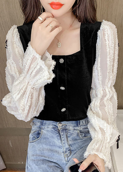 Black White Square Collar Bow Lace Patchwork Tops Spring