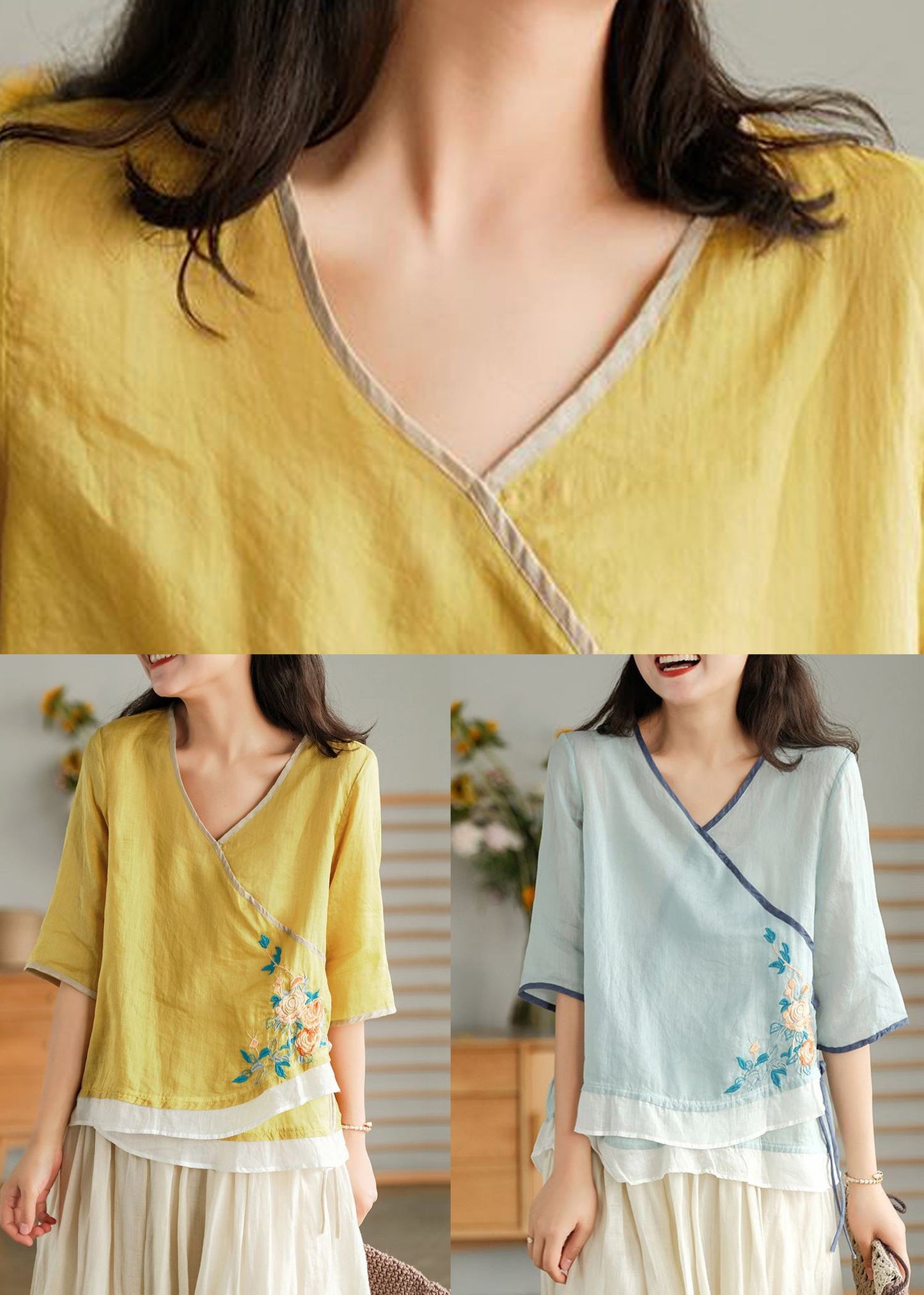 Yellow Embroideried Lace Up Linen T Shirt Half Sleeve
