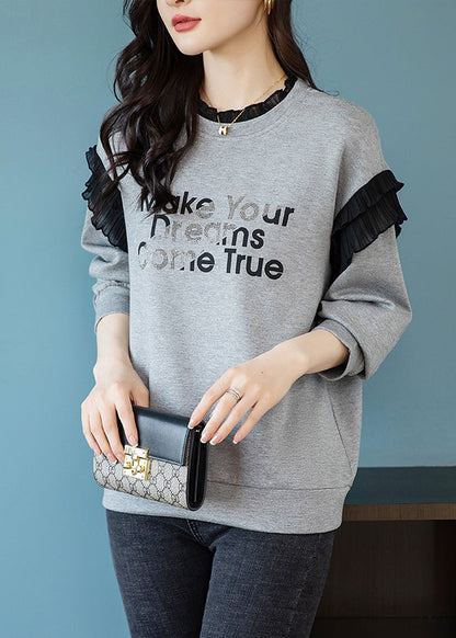 Grey O-neck Ruffled Graphic Patchwork Zircon Sweatshirts Fall