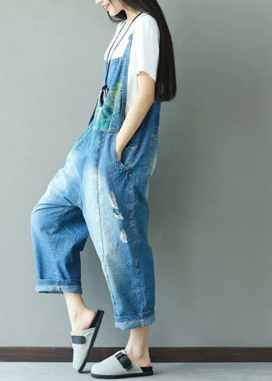 Classy Blue Print Hole Cowboy Jumpsuits Spring