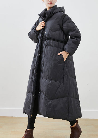 Black Cinched Big Pockets Cotton Blend Down Coat Winter