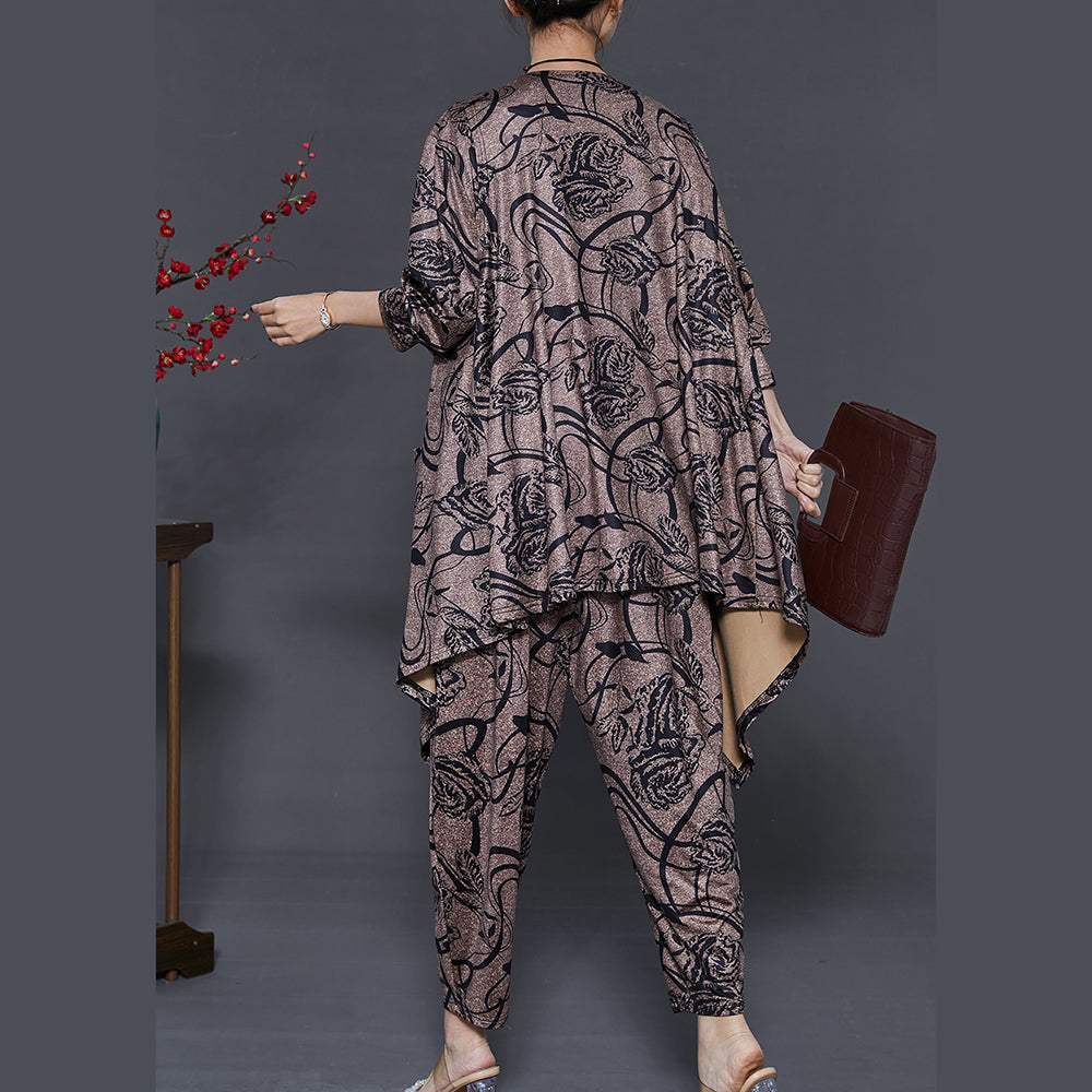 Style Brown Asymmetrical Print Three Piece Set Clothing Spring