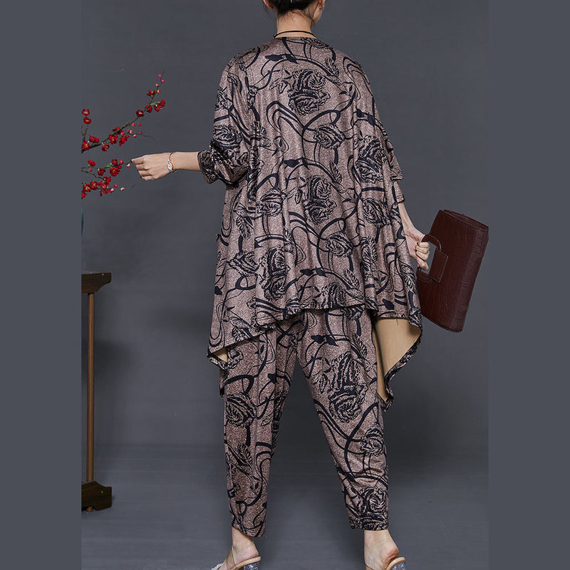 Style Brown Asymmetrical Print Three Piece Set Clothing Spring