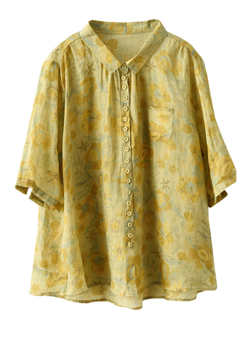 Yellow Peter Pan Collar Print Linen Shirt Tops Summer