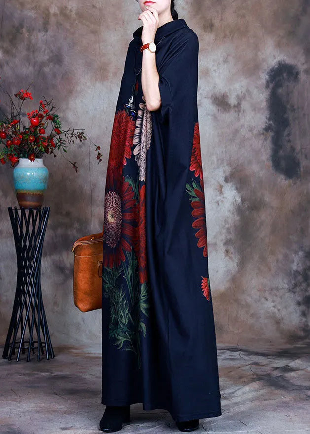 Blue Turtle Neck Print Velour Robe Dresses Spring