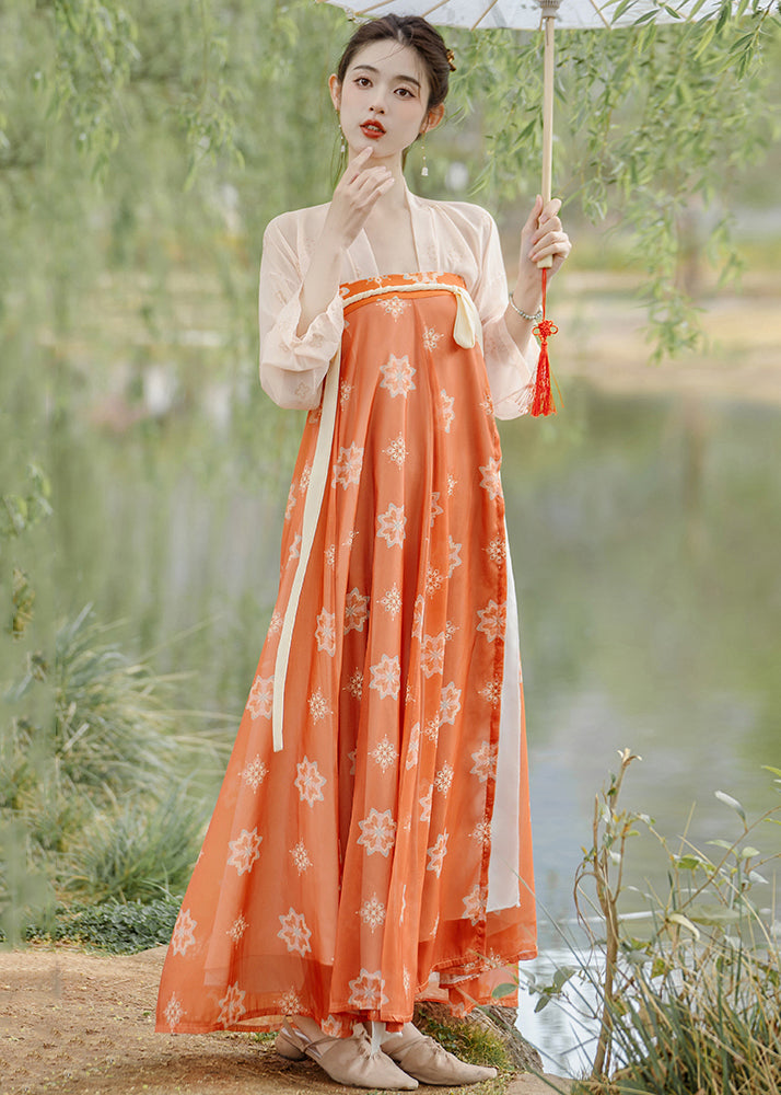 Orange Print Lace Up Wrinkled Patchwork Chiffon Two Pieces Set Fall