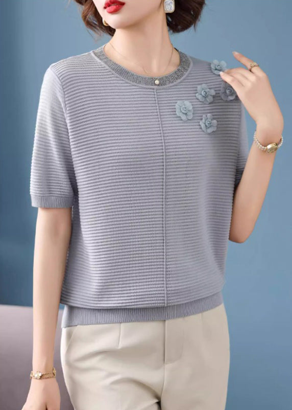 French Grey Striped Ice Silk Top Short Sleeve
