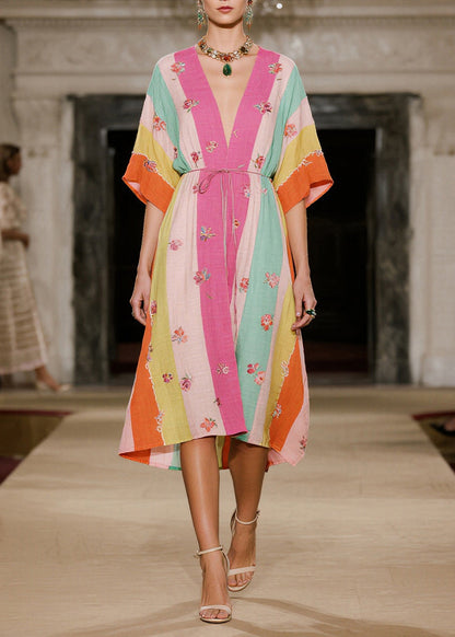 Multicolored Striped Butterfly Cotton Dresses Summer