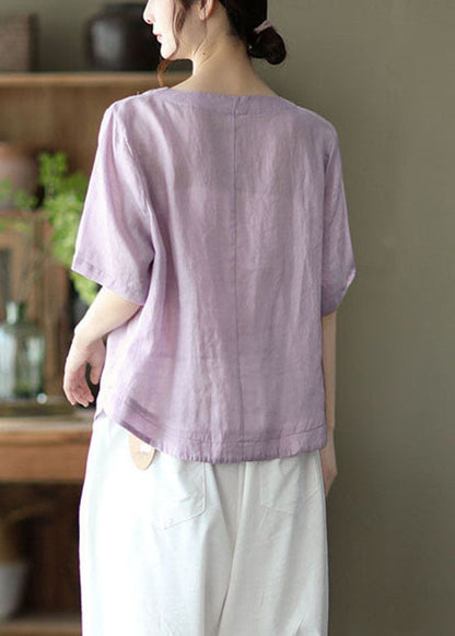 Light Purple Embroideried Linen Shirts Short Sleeve