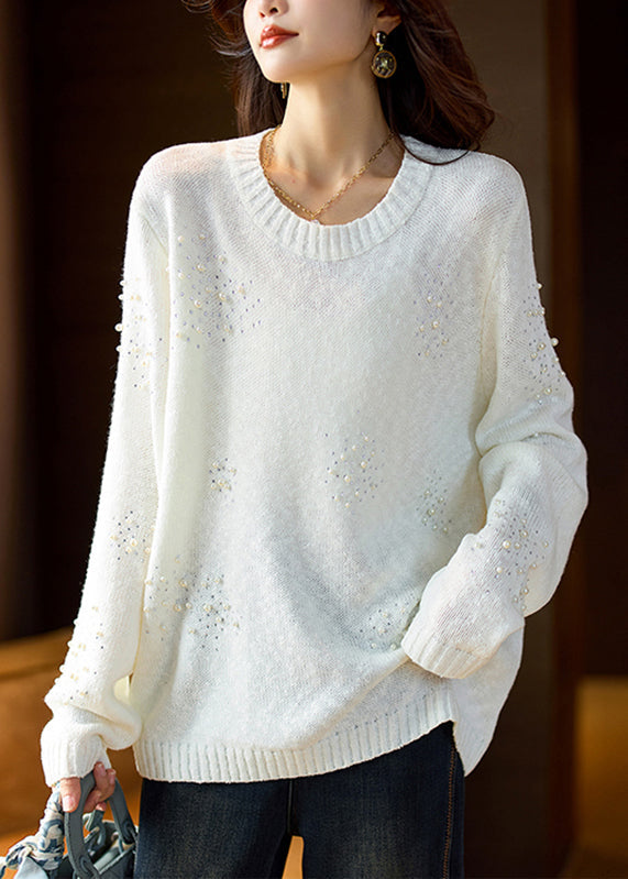Stylish White O-neck Nail Bead Cotton Knit Sweater Spring