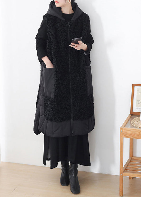 Black Zippered Woolen Hoodies Waistcoat Sleeveless