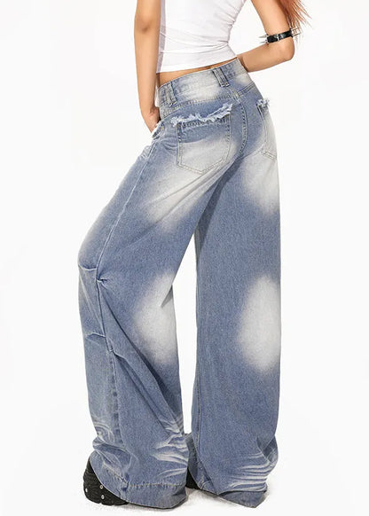 Light Blue Wrinkled Pockets Patchwork Wide Leg Jeans