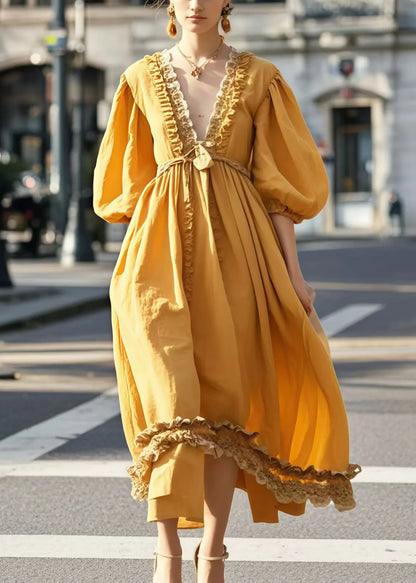 Yellow V Neck Ruffled Cotton Party Dress Lantern Sleeve