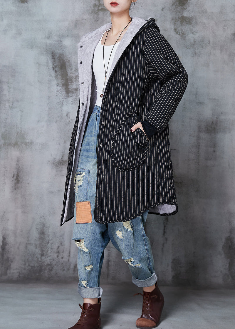Black Hooded Striped Warm Fleece Coat Winter