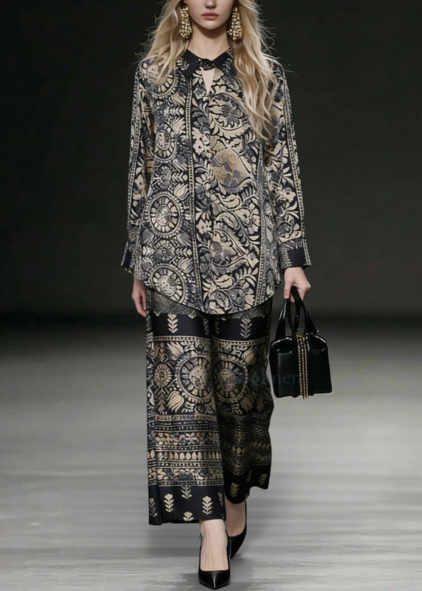Oversized Low High Design Print Silk Two Pieces Set Spring