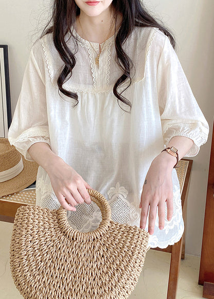 Style Apricot O-neck Lace Patchwork Hollow Out Shirt Half Sleeve