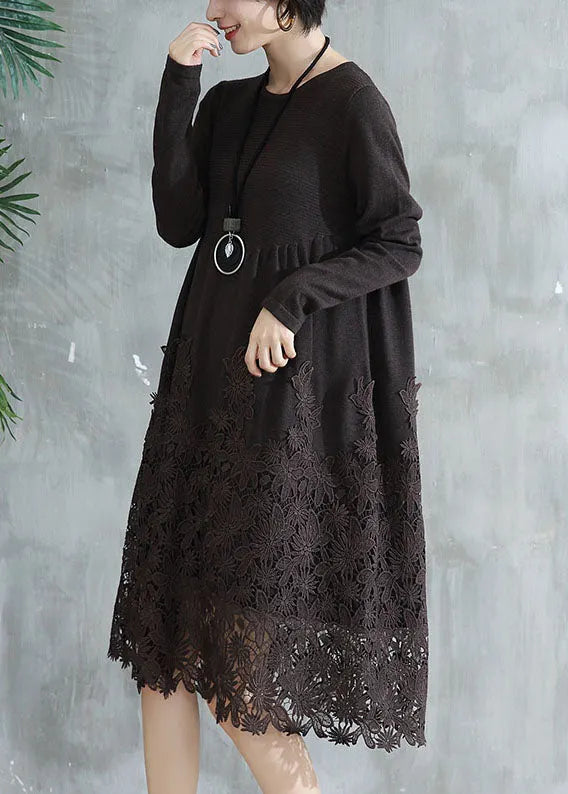 Coffee O Neck Wrinkled Lace Patchwork Knit Dress Fall