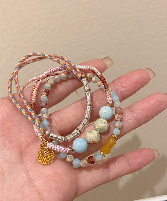 Rainbow Copper Hand Woven Bamboo Joint Charm Bracelet Three Pieces Set