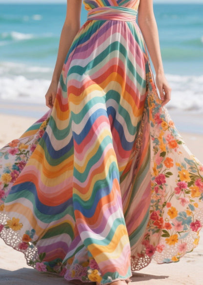 Rainbow Patchwork Exra Large Hem Chiffon Mini Dress Summer
