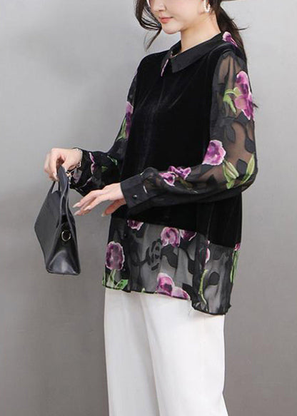 Black Peter Pan Collar Print Fake Two Pieces Silk Velour Shirt Spring