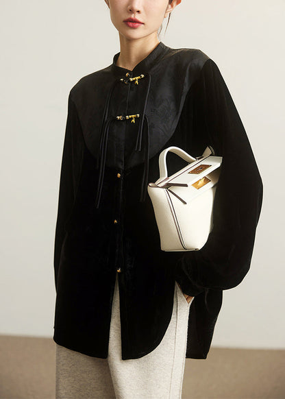 Loose Black Stand Collar Button Patchwork Silk Velour Top Long Sleeve Spring