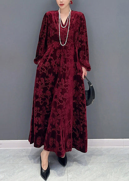 Red V Neck Jacquard Patchwork Velour Dresses Fall