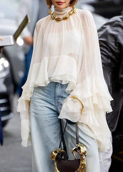 Beige Hign Neck Ruffled Patchwork Tulle Top Flare Sleeve