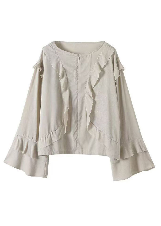 Boutique O-neck Ruffled Patchwork Cotton Blouse Tops Fall