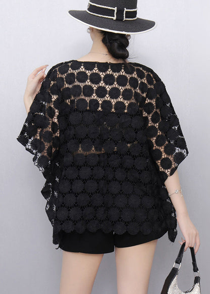 Black Hollow Out Lace Tanks Batwing Sleeve