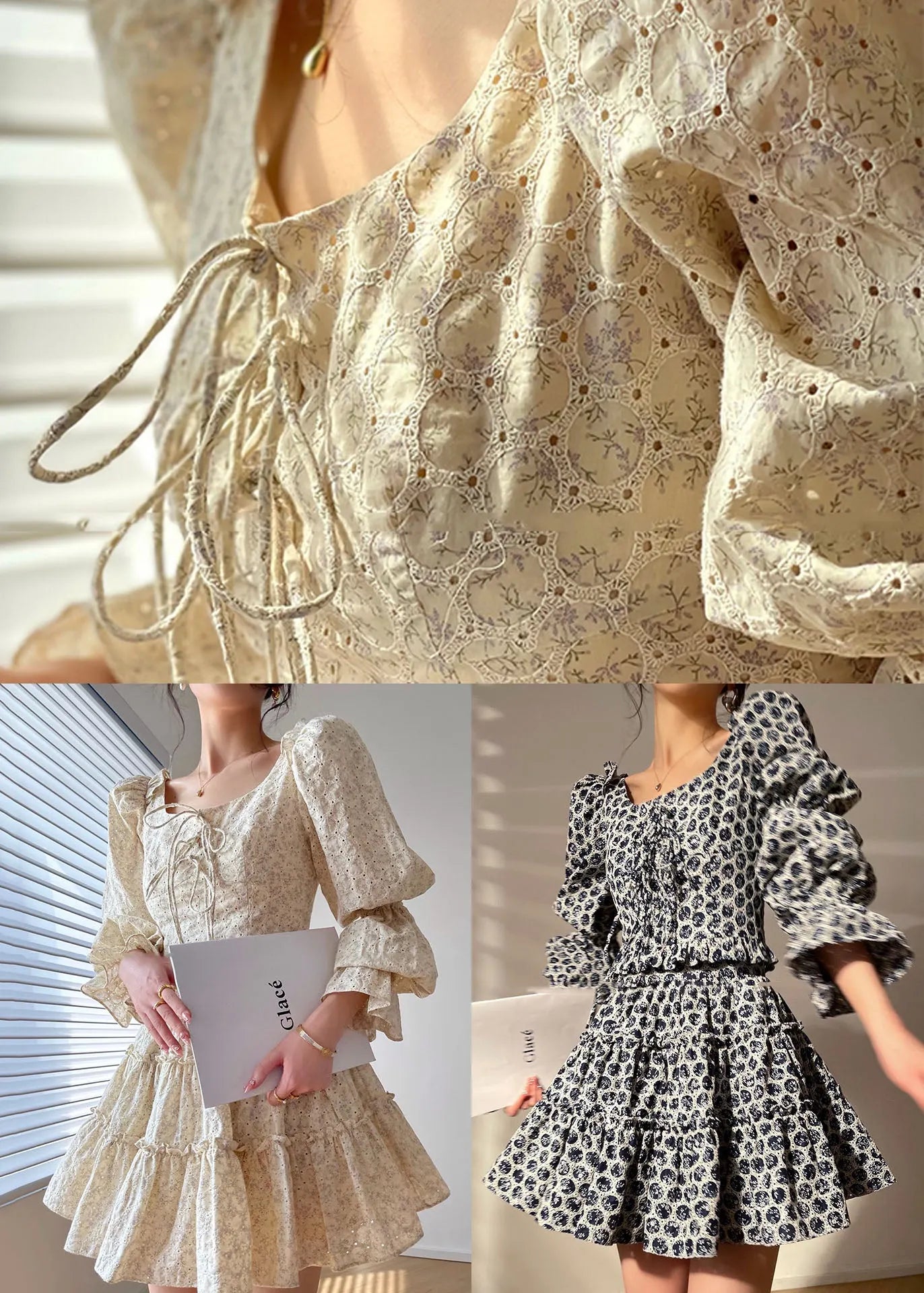 Beige Square Collar Ruffled Print Cotton Dress Two Piece Set Long Sleeve
