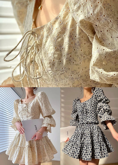 Beige Square Collar Ruffled Print Cotton Dress Two Piece Set Long Sleeve