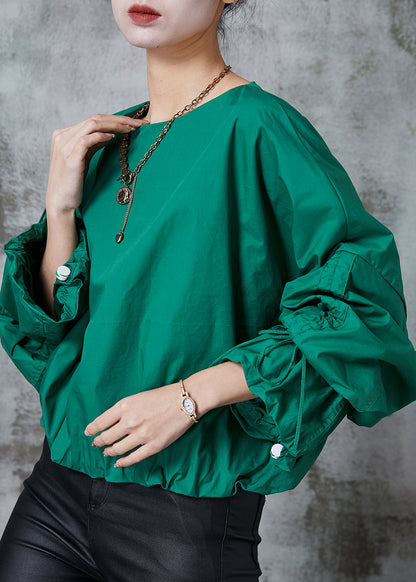 Fitted Green Oversized Drawstring Cotton Pullover Spring