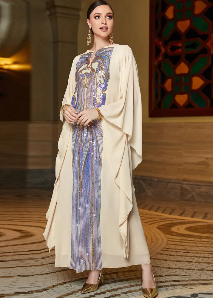 Fitted Beige O-neck Print Patchwork Tie Waist Chiffon Maxi Dress Fall