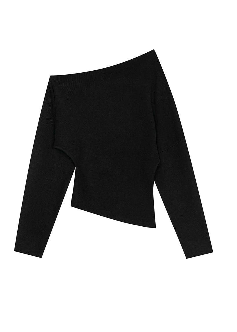 Black Slash Neck Woolen Sweaters Batwing Sleeve