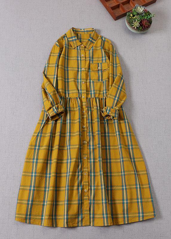 Yellow Green Plaid Pockets Buttontie Waist Fall Wrinkled Maxi Dress Long Sleeve