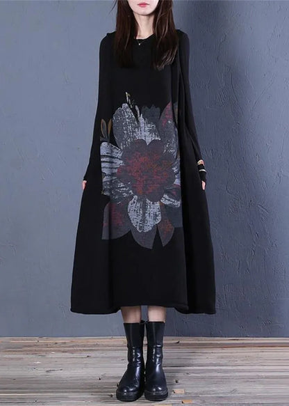 Coffee V Neck Print Cotton Knit Long Dress Sleeveless