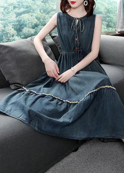 Boutique Denim Blue O-neck Lace Up Button Cotton Cinch Dresses Sleeveless