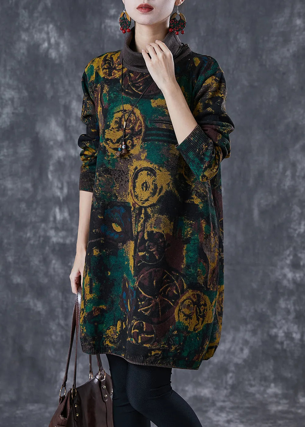Black Turtle Neck Print Knit Dress Winter