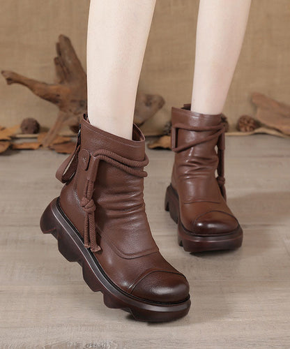 Platform Boots Black Cowhide Leather Ankle Boots