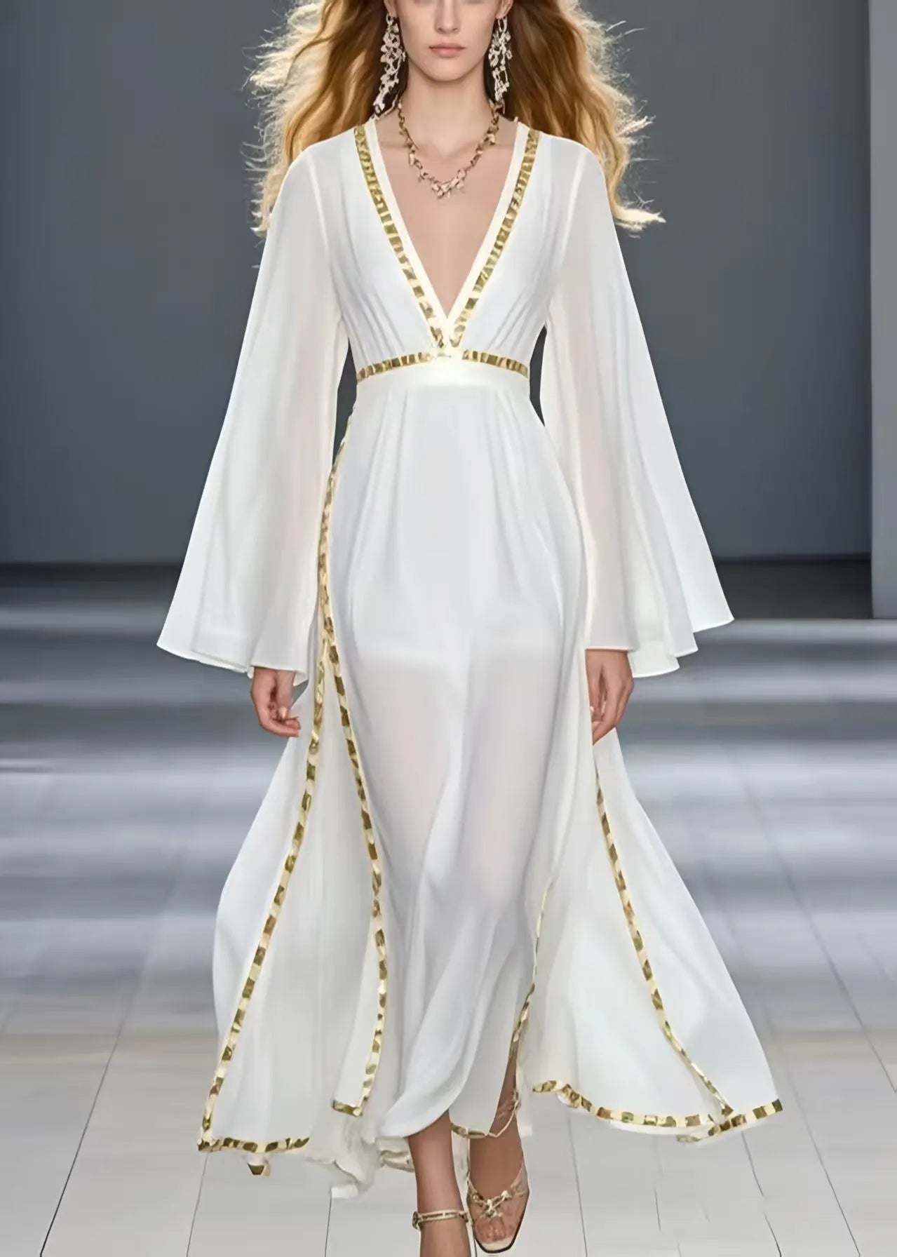 Unique White Patchwork Draping Chiffon Maxi Dresses Spring